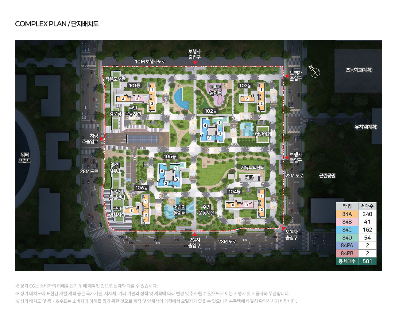 송도 한내들 센트럴리버 단지배치도 — 101~106동 6개동 총 501세대, 타입별 색 구분(84A 240·84B 41·84C 162·84D 54·84PA 2·84PB 2), 커뮤니티센터·작은도서관·어린이집·어린이놀이터 배치